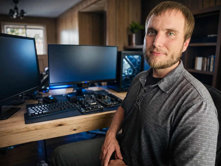 Jeremiah Bailey, owner of TechHand Pro Solutions, at his workstation