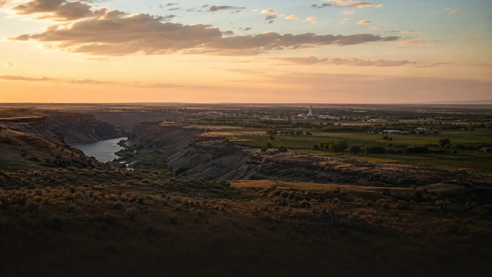 Magic Valley, Idaho farmland and the Snake River canyon at golden hour