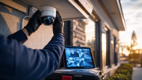 Security camera with clean cabling mounted on a commercial building