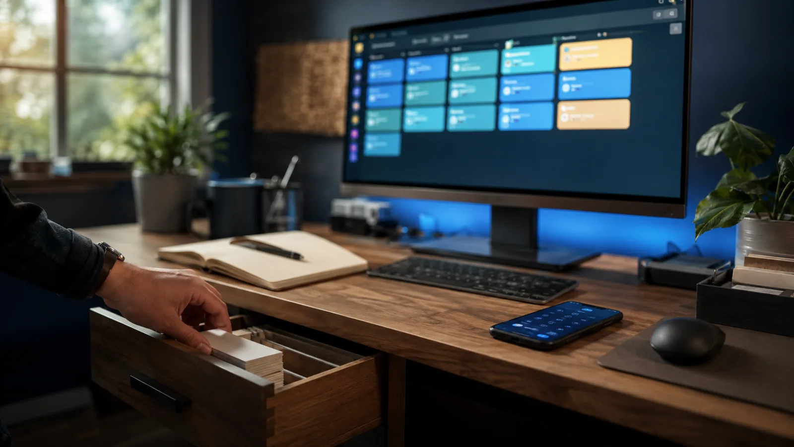 Sales workspace with an organized customer pipeline board on a wide monitor