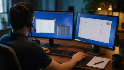 Support technician helping a customer with a headset