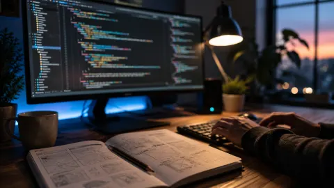 Developer workstation with code and wireframes