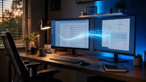 Two monitors showing connected business systems passing work between them