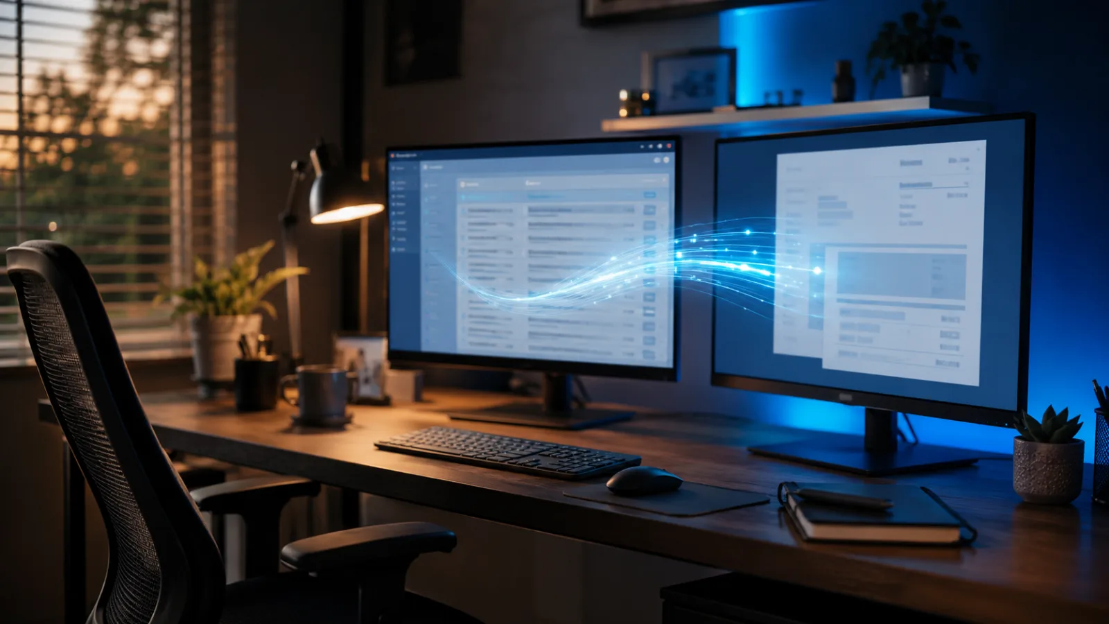 Tidy desk with two monitors showing connected business systems passing work between them